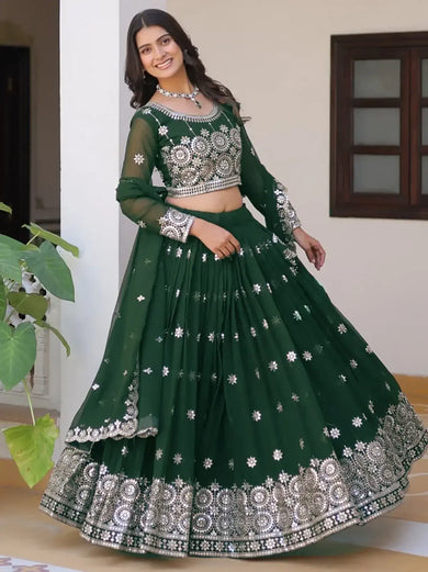 Fascinating Green Sequins Georgette Mehendi Wear Lehenga Choli - Ethnic Plus In